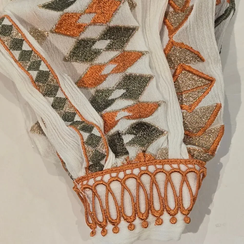 Hale Bob Ravin Embroidered Balloon Sleeve Aztez Tribal Print Mini Dress, Sz S - Picture 10 of 13